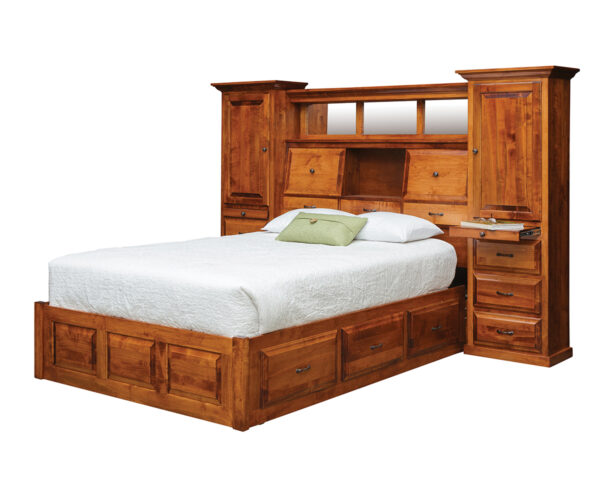 Raised Platform Storage Bed with Attached Wall Unit & Drawers